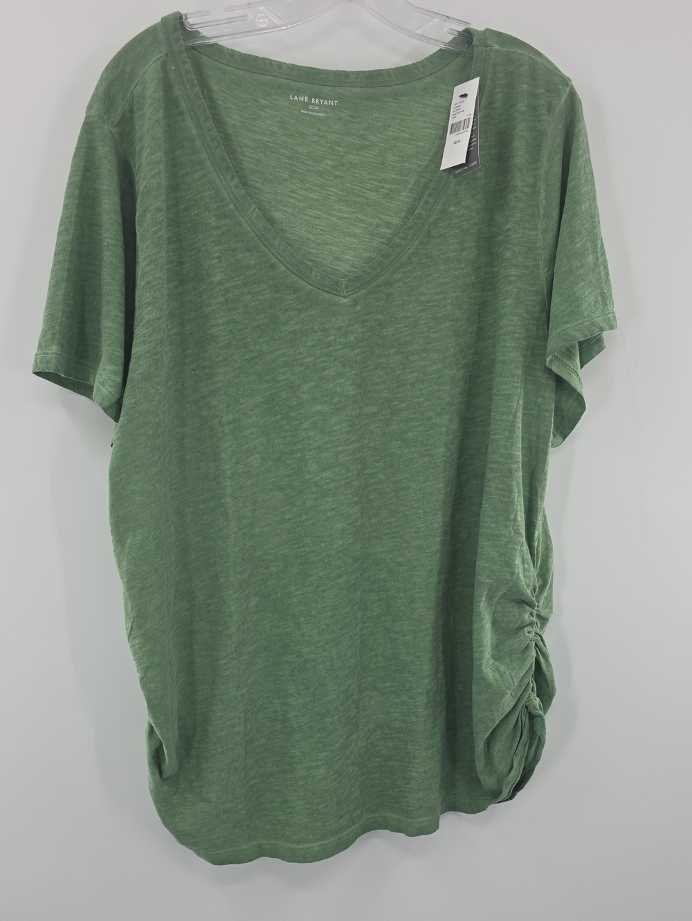 Lane Bryant Olive Green V-Neck Short Sleeve Ruched Side Top